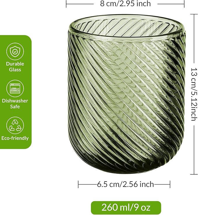 Joeyan Vintage Small Drinking Glasses,Green Ribbed Embossed Colored Water Glasses Tumbler Cups,Glassware for Beverages Cocktail Whisky Beer Juice,9 oz,Set of 4,Dishwasher Safe