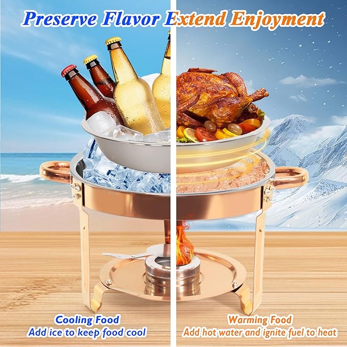 2-Pack Round Chafing Dishes for Buffet, 5QT Stainless Steel Buffet Chafing Set for Catering, Parties & Events-Rose Gold