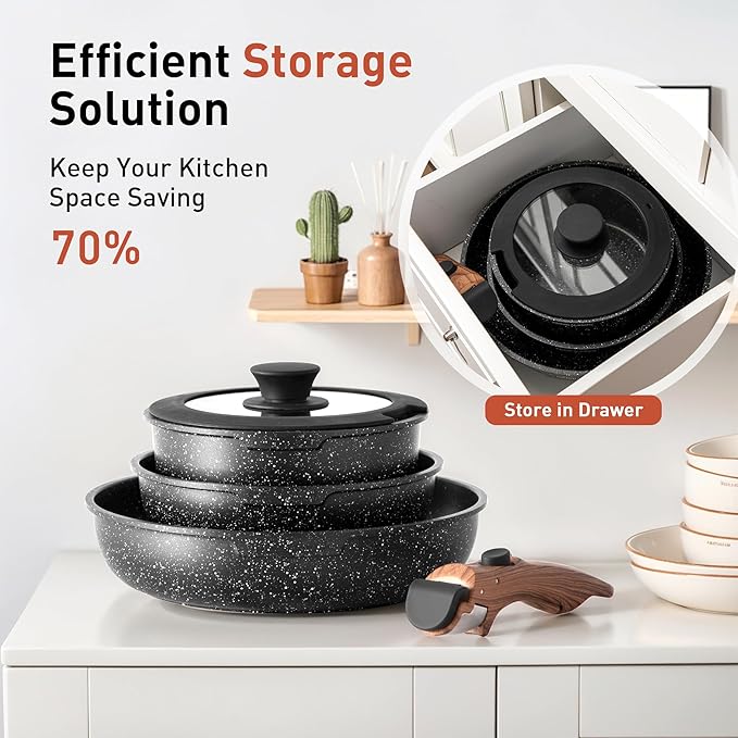 10 Pcs Pots and Pans Set Non Stick, Nonstick Kitchen Cookware Sets Detachable Handle, Induction Pots and Pans Set with Removable Handle, RV Cookware Set for Camping, Oven Safe, PFOS, PFOA Free, Black