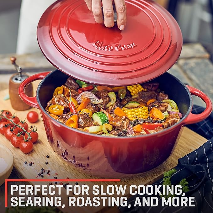 Uno Casa Enameled Cast Iron Dutch Oven - Red - 6Qt Dutch Oven Pot with Lid, Long-Lasting Enamel Casserole Dish for Bread Baking, Stews, and Roasting - Durable Non-Stick Iron Cookware for Versatile Cooking