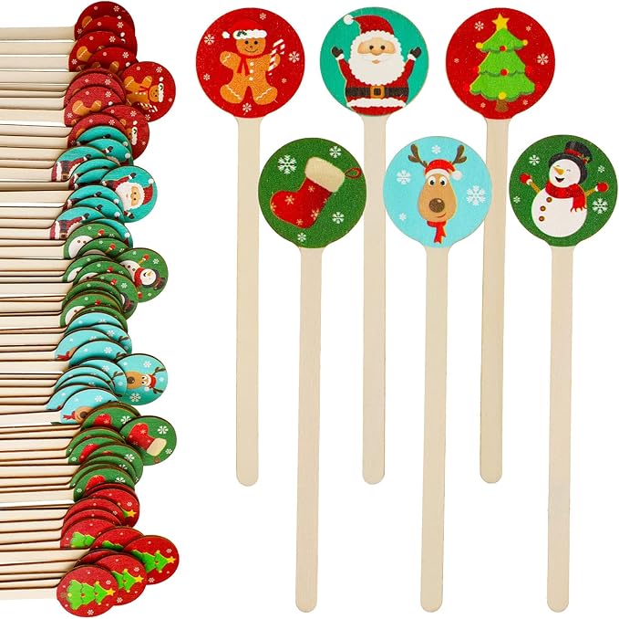 Jinei 120 Pcs Christmas Wooden Coffee Stirrers Wood Cocktail Coffee Stir Sticks Disposable Drink Stirrers for Stirring Hot Chocolate Milkshake Restaurant Home Office (Assorted Style)