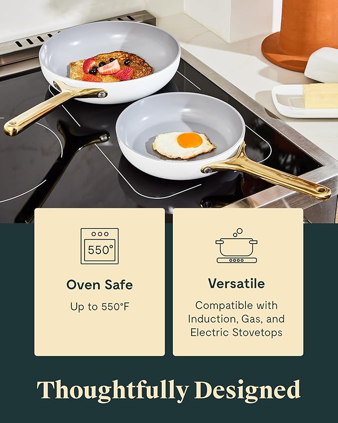 Caraway Fry Pan Duo - Nonstick Ceramic Frying Pan (8" & 10.5”) - Non Toxic, PTFE & PFOA Free - Oven Safe & Compatible with All Stovetops (Gas, Electric & Induction) - White