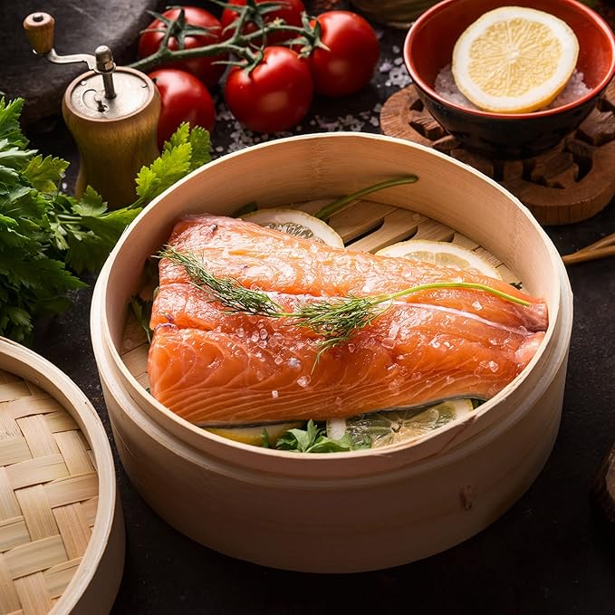 Tessco for you 59 Pcs 2 Tier 10 Inch Bamboo Steamer Basket Set Including Bamboo Steamer Stainless Steel Ring Dumpling Maker Mold and Cutter Spoon 2 Pair Chopsticks 2 Sauce Dish 50 Paper Liners