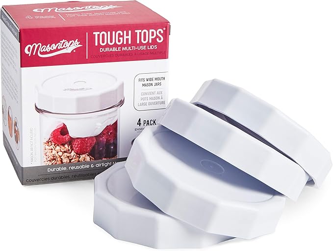 Masontops Tough Tops - Ball Wide Mouth Mason Jar Lids Plastic Leakproof - BPA-Free White Plastic Mason Jar Lids - Reusable Dry Canning Lids fit Ball Jars (Ball Mason Jars not included)