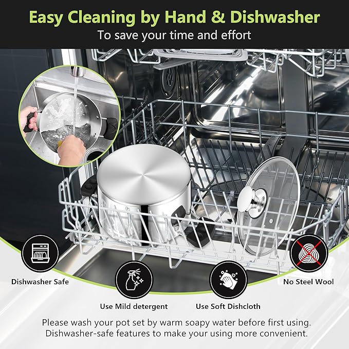 5 Quart 3-Ply Cooking Stock Pot with Lid, P&P CHEF Stainless Steel Large Pot for Pasta Soup, Work on Multi Stove, Heavy Duty & Dishwasher Safe, Dual Heat-resistant Handles & Visible Lid