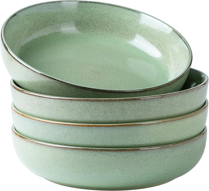 GBHOME 9'' Large Ceramic Pasta Bowls, 38oz Stoneware Pasta Serving Bowls Set of 4 for Kitchen, Wide Bowls for Fruit,Pasta,Salad,Oatmeal,Meal, Microwave Safe, Reactive Glaze-Pastel Green