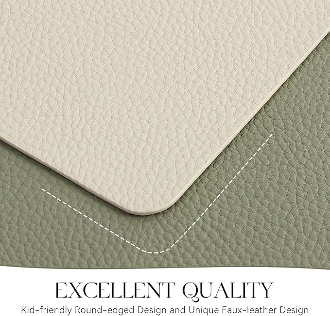 MOSAYT Vinyl Placemats Set of 6, Heat Resistant Place Mats 100% Waterproof Washable & Wipeable Faux Leather Reversible Table Mats for Kitchen Dining Party Indoor Outdoor, 12" x 17", Beige/Sage Green