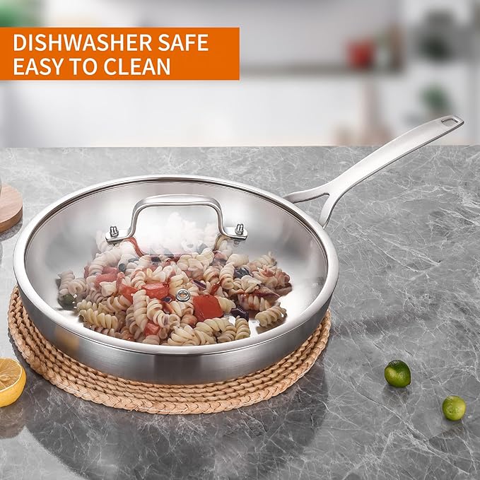 DELARLO Tri-ply Stainless Steel Frying Pan Set with Lid 8" 10" Induction Skillets Chef's Pan,Pots and Pans Set Kitchen Cookware Frying Pan Set Dishwasher and Oven Safe