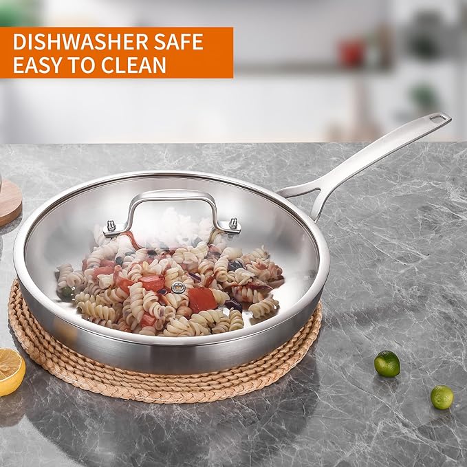 DELARLO Tri-ply Stainless Steel Frying Pan Set with Lid 8" 12" large Skillets Induction Chef's Pan,Pots and Pans Set Kitchen Cookware Set Dishwasher and Oven Safe