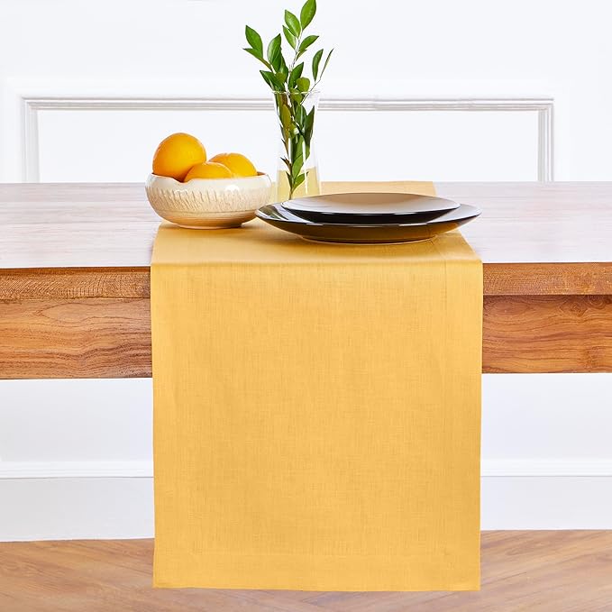 Solino Home Linen Mustard Yellow Table Runner 132 Inches Long - 100% Pure Linen Extra Long Table Runner 14 x 132 Inch for Summer - Fete