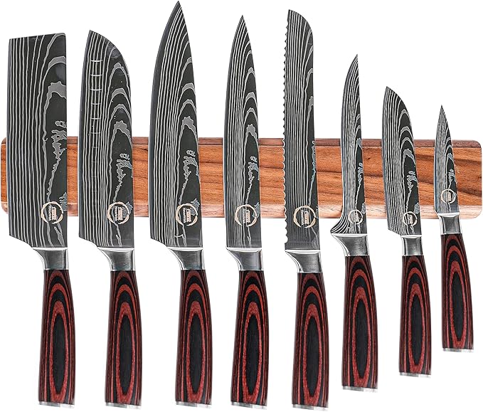 8 PC Chef Knives - High Carbon Stainless Steel Knives With Pakkawood Handles - Magnetic Strip Holder Included - Japanese Knife Set - Home & Professional Chef's Knife Set