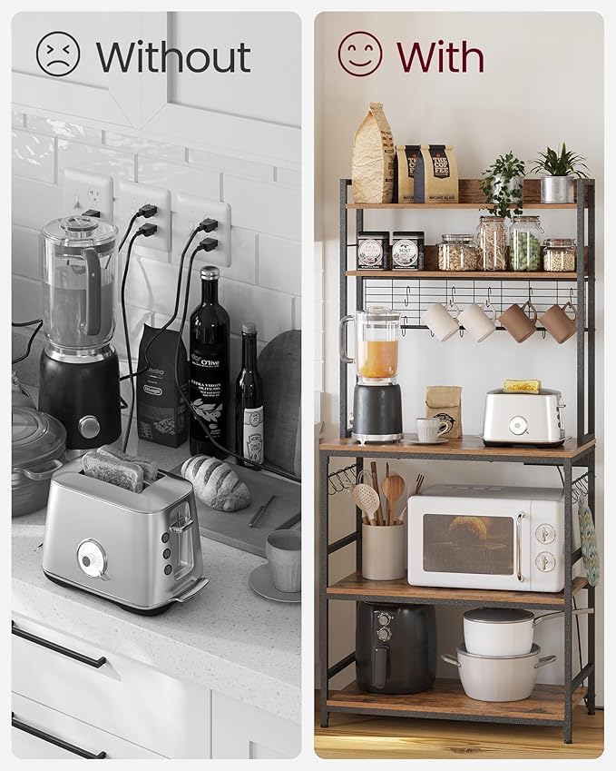 VASAGLE Hutch Bakers Rack with Power Outlet, 14 Hooks Microwave Stand, Adjustable Coffee Bar with Metal Wire Panel, Kitchen Storage Shelf, 15.7 x 31.5 x 66.9 Inches, Rustic Brown and Black UKKS025B01