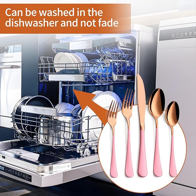 20 Piece Rose Gold Pink 18/0 Flatware Utensil Set for 4, Include Dinner Knife,Dinner Forks,Dinner Spoons,Salad Forks,Teaspoons,Silverware Set for 4, Dishwasher Safe