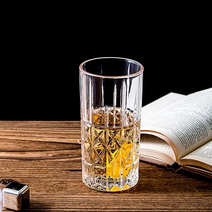 Tall Highball Glasses Set of 6, 14 Ounce Cups, Textured Designer Glassware for Drinking Water, Beer, or Soda, Trendy and Elegant Dishware, Dishwasher Safe