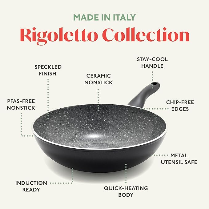 Rigoletto 11” Nonstick Wok Pan, Made in Italy, Vesuvio Layered Ceramic PFAS-Free Surface, Induction Ready Skillet, Dishwasher & Metal Utensil Safe, Granite Finish, Stay-Cool Handle, Black