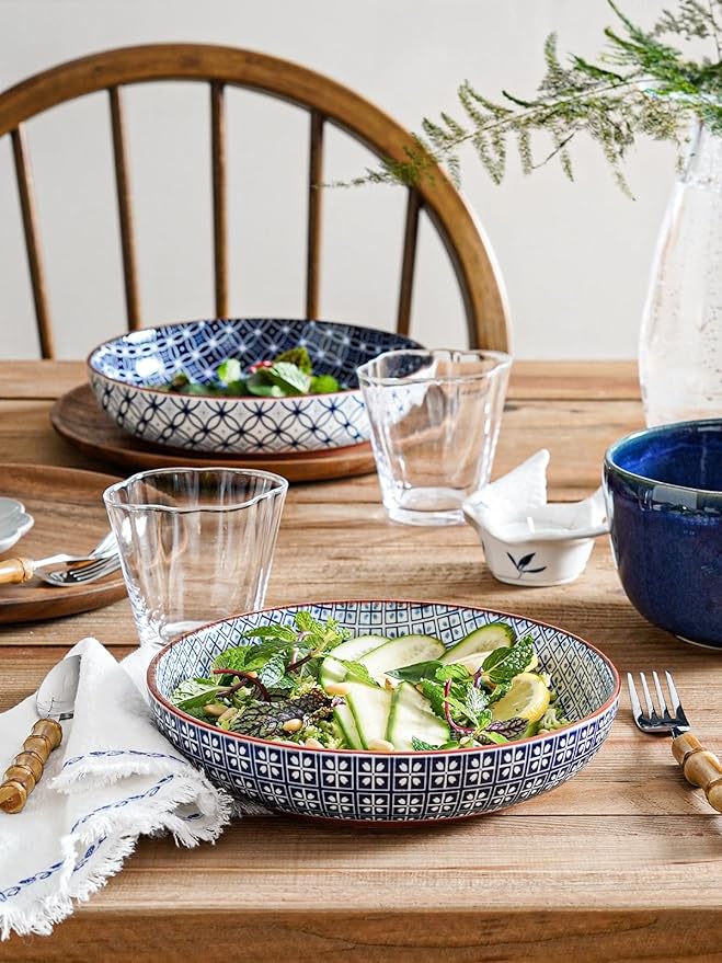 LE TAUCI Pasta Bowl 32 oz, Ceramic Salad Bowl, Japanese-Style Plate Bowls for Serving Pasta, Fruits, Salad, Noodle, Dinner, Soup, Mircrowave Oven Dishwasher Safe - 8.2 Inch, Set of 4, Vintage Blue