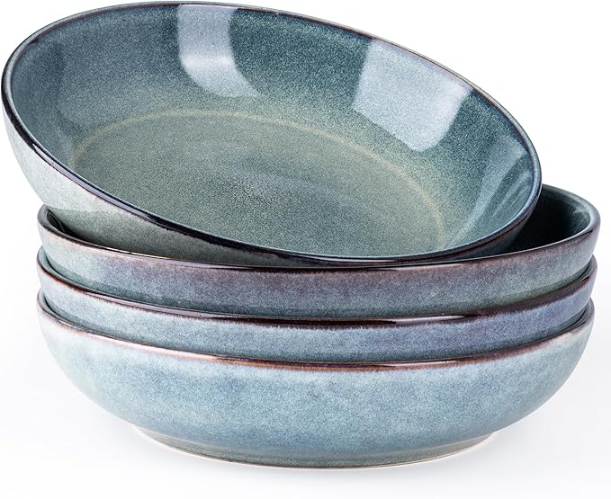 AmorArc 8.5'' Large Ceramic Pasta Bowls Set, 36oz Stoneware Bowls Set of 4 for Kitchen, Reavtive Glaze Bowls-Microwave, Dishwasher Safe for Pasta,Salad,Oatmeal-Ceylon Blue