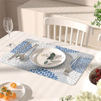 QIYI Placemats Set of 4, 12x18 Inch PU Leather Place Mats for Kitchen Dinning, Heat Resistant Anti Slip Flower Table Mats, Waterproof Wipeable Washable Placemat Party Table Décor, Blue Floral Burst