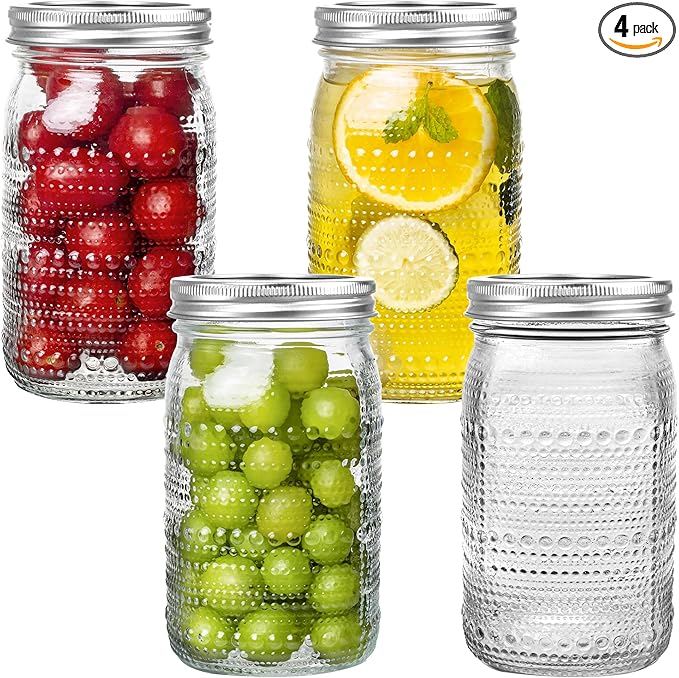 Mason Jars 32 Oz with Lids Wide Mouth 4 Pack, Glass Jars Canning Jars Large for Centerpieces Pickling Storage Food Meal Prep Salad Jam