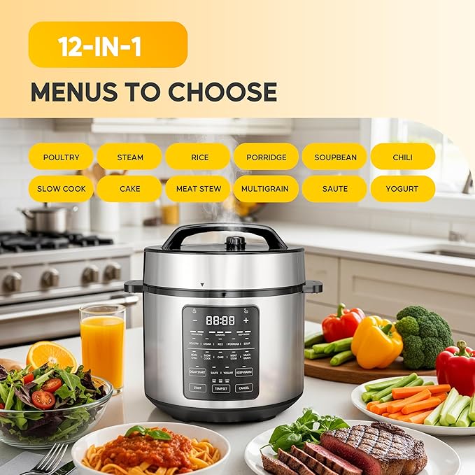 HealSmart 12-in-1 Multi Electric Pressure Cooker, Non-Stick 6QT Stainless Steel Pressure Cooker for Yogurt Maker, Slow Cooker, Cake, Multigrain, Dishwasher Safe