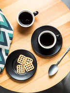 YHOSSEUN 3 Ounces Espresso Cups with Saucers Set, Porcelain Latte Cups and Metal Stand Demitasse Cups for Espresso, Latte, Cafe Mocha, Cappuccino and Tea, Set of 6, Black