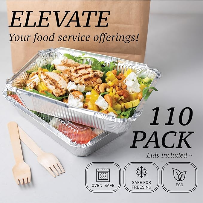 Spare Essentials (110 Pack) 2.25LB Aluminum Containers with Lids 8.5"x6" - Disposable Foil Pans for Takeout, Baking, Freezing, Food Storage - Aluminum Pans, To Go Containers with Plastic Lids