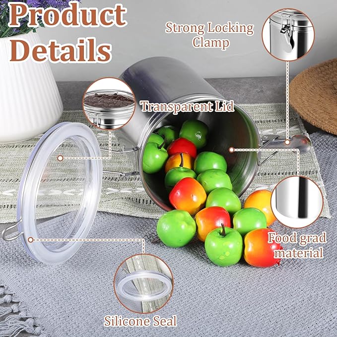 3 Pack Stainless Steel Canister Set Kitchen Airtight 62 oz Container Sets with Lids and Clamp Metal Containers for Coffee Sugar Flour Tea Spice