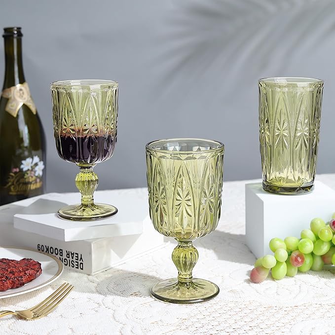 Joeyan Green Vintage Glass Wine Goblet,10 oz Embossed Stemmed Wine Glasses with Floral Design,Colored Drinking Glasses for Christmas Party Wedding Table Decor,Set of 4,Dishwasher Safe