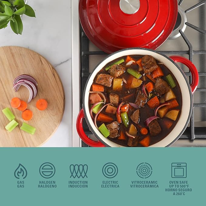 Gibson Home Addlestone 5 Quart Round Enamel Cast Iron Dutch Oven Pot With Lid & Dual Handles - Gradient Red