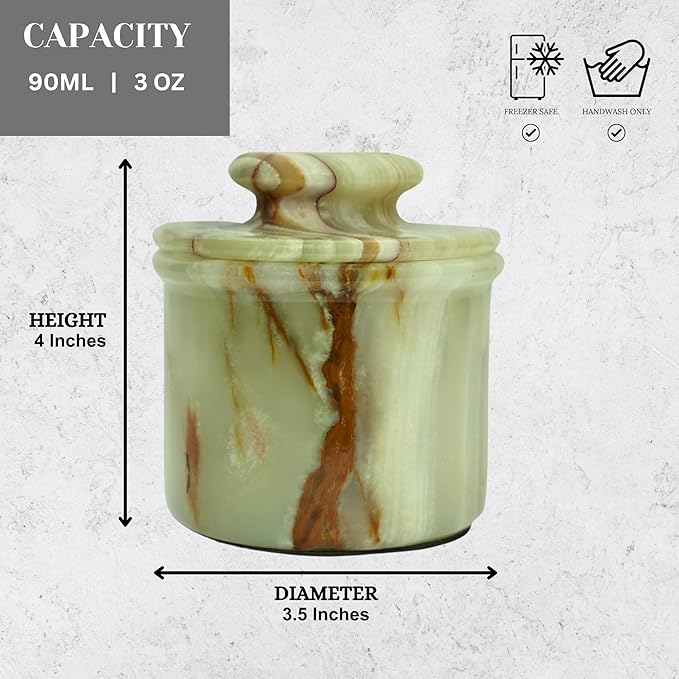 Green Onyx Butter Keeper - Round Marble Butter Dish for Countertop, 4" x 3.5" Butter Crock, Natural Green Onyx Kitchen Decor, Handle With Care