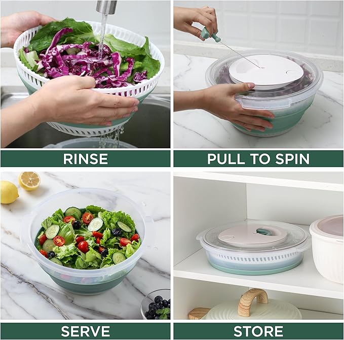 COOK WITH COLOR Collapsible Salad Spinner - 4 QT Space Saving Lettuce Dryer with Folding Collapsible Colander Great for Washing and Drying Fruit and Vegetables (Sage)