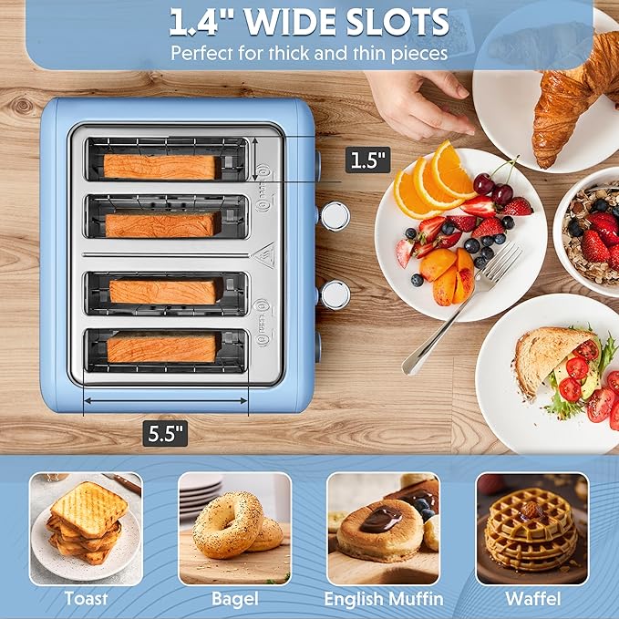 BUYDEEM DT640 4-Slice Toaster, Extra Wide Slots, Retro Stainless Steel with High Lift Lever, Bagel and Muffin Function, Removal Crumb Tray, 7-Shade Settings,Blue