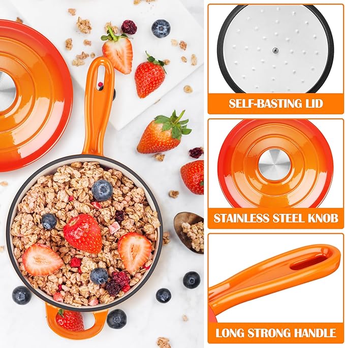 E-far Enameled Cast Iron Sauce Pan with Lid, 1 Quart Dutch Oven Saucepan, Mini Sauce Pot for Cooking, Boiling, Healthy & Non Toxic, Induction & Oven Safe, Orange