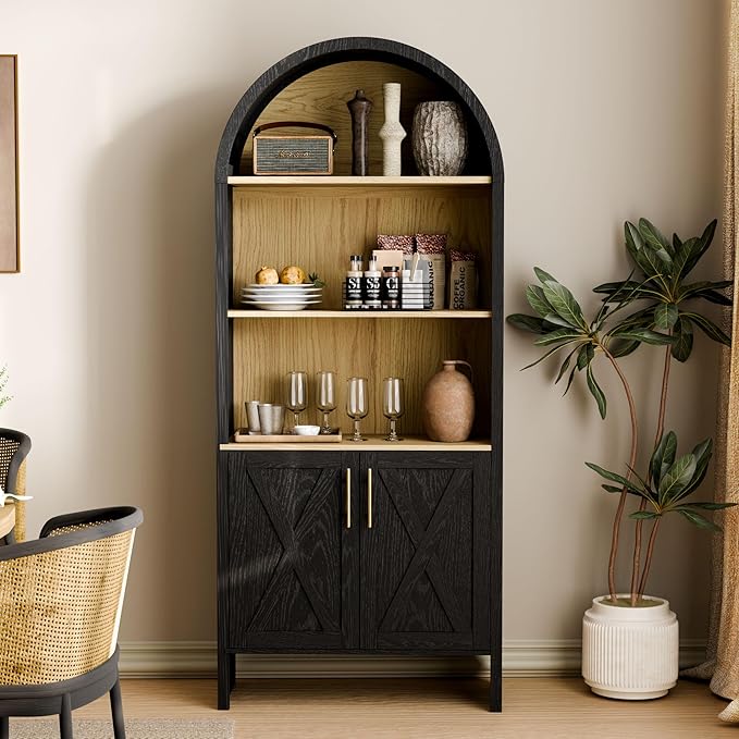 Arch Storage Cabinet with Beech-Wooden Door, 60” Cute Arched Display Cabinet, 4 Tier Farmhouse Buffet Cabinets with Storage for Dining Room, Living Room, Home Office or Kitchen (Black)