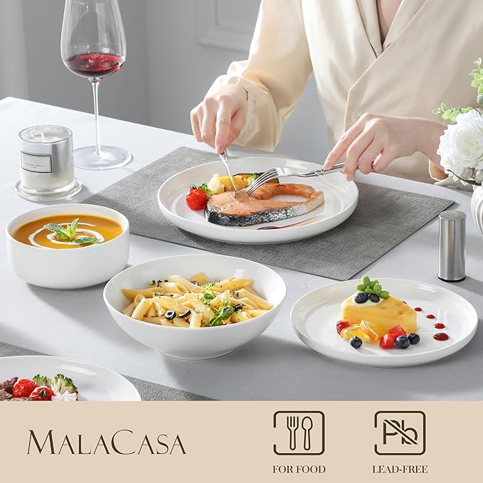 MALACASA Plates and Bowls Sets, 24 Pieces Modern Porcelain Dinnerware Set for 6 Ceramic Dishware Dishes White Kitchen Dinner Dining Ware Set Microwave and Dishwasher Safe, Series LUNA