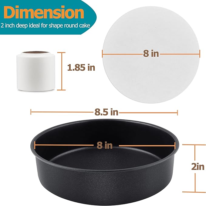 LIANYU 8 x 2 Inch Round Cake Pan Set of 3, Stainless Steel Black Nonstick Cakes Pans for Birthday Baking Wedding, Come with 90 Pieces Parchment Paper & Side Liner Roll, Dishwasher Safe