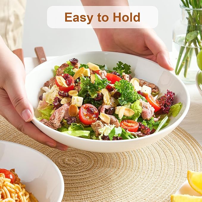 Jassceram 8.5inch Pasta Bowls Set of 6, 36 OZ Salad Plates,Ceramic Serving Bowls for Soup,Noodle,Deep Enough for Kitchen and Dining, Microwave,Oven and Dishwasher Safe,Off White