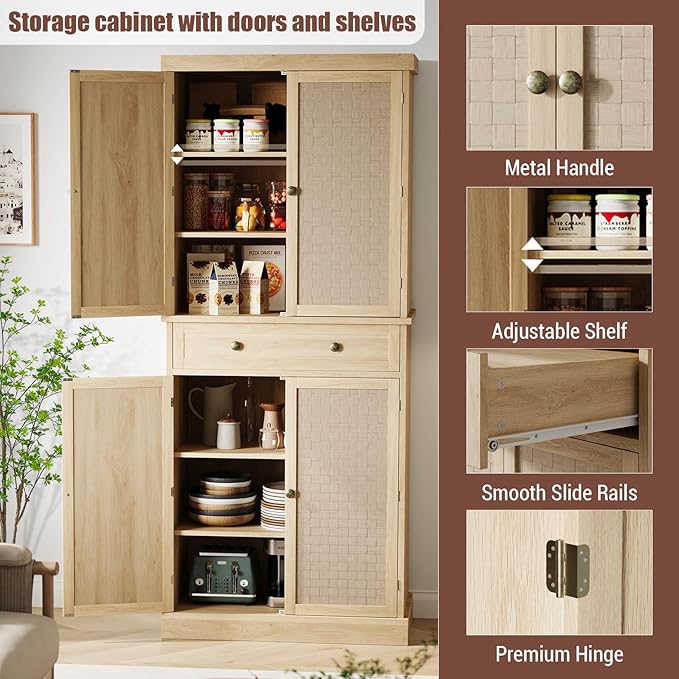 Garvee Pantry Cabinet, 72" Kitchen Pantry Storage Cabinet, Modern Farmhouse Kitchen Cupboard with Large Drawer, 2 Cabinets, 4 Adjustable Shelves, Freestanding Rattan Hutch for Dining Room Living Room