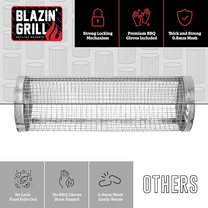 BLAZIN' GRILL Rolling Grill Basket | 2 x Grilling Basket & Smoker Accessories | Grill Baskets for Outdoor Grill with BBQ Gloves | Barbecue Grill baskets for Vegetables, Seafood & Meat