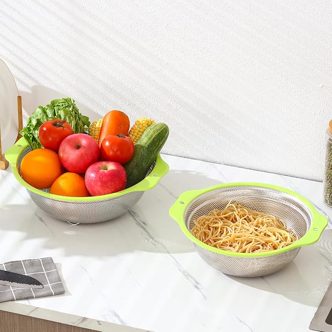Colander Stainless Steel Microporous, 2QT Rice Strainer with Mixing Bowl, Rice Washer Bowl Set with Handle, Food-Grade Strainers and Colanders for Kitchen, Pasta, Fruit, Dishwasher Safe