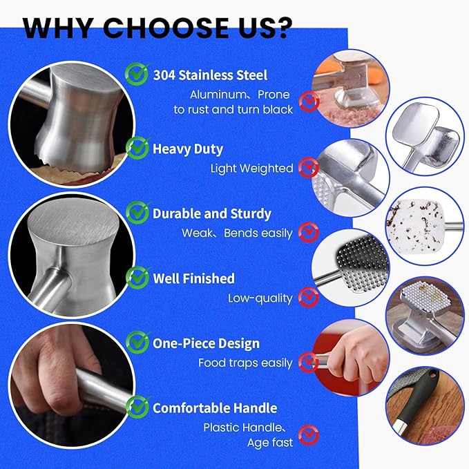 304 Stainless Steel Meat Tenderizer Mallet, Dual Side Meat Hammer Chicken Pounder, Heavy Duty Meat Beater for Steak and Beef, Meat Pounder Kitchen Cooking Mallet Dishwasher Safe