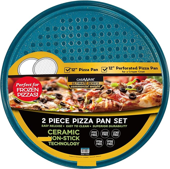 casaWare 2pc 12-inch Ultimate Pizza Pan Set, Nonstick, Ceramic Coated, (1) Solid, (1) Perforated (Blue Granite)