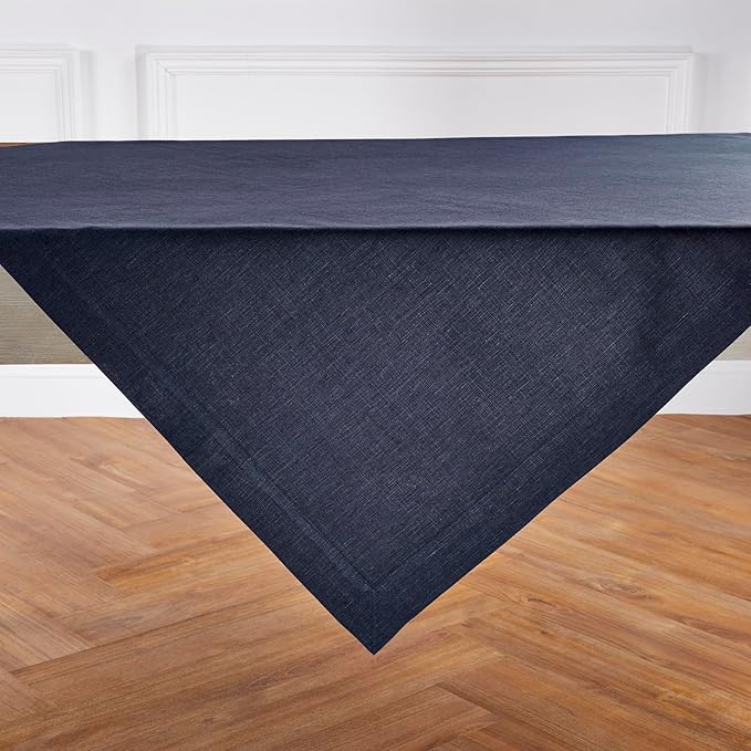 Solino Home Linen Square Tablecloth 52 x 52 Inch - 100% Pure Linen Chambray Navy Table Throw - Athena, Machine Washable Tablecloth for Summer, Fall, Autumn