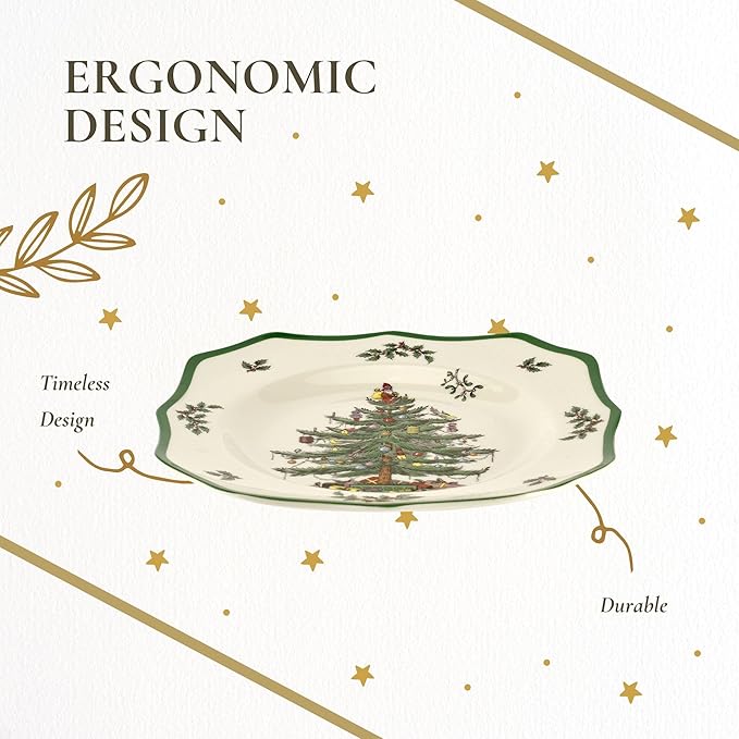 Spode Christmas Tree Scalloped Salad Plate - Holiday-Themed Stoneware Appetizer Plate - 9 Inch Christmas Dinner Dish Featuring Colorful Gifts & Mistletoe Accents - Dishwasher & Microwave Safe