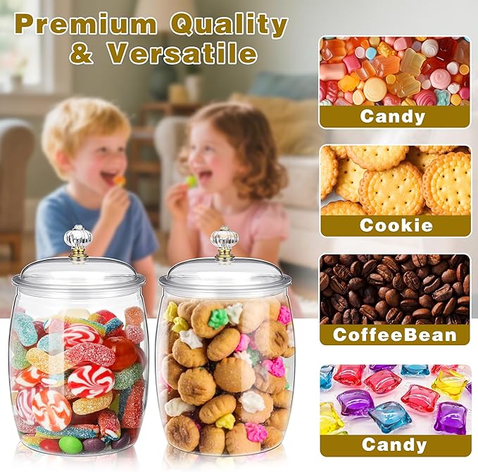 4 Pcs Clear Plastic Candy Jars with Lids, 1/2 Gallon (68oz) Airtight Cookie Containers – Large Apothecary Canisters for Snacks, Wedding Buffet, Kitchen, Home & Bar Décor Halloween Candy Jar