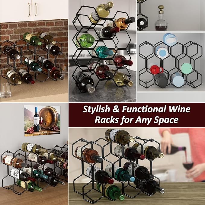 Buruis Countertop Wine Rack, 14-Bottle Modern Freestanding Metal Holder for Red and White Wine, Tabletop, Kitchen, Bar, and Cabinet Storage (Black)