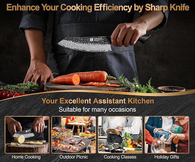 XINZUO 7.6 Inch Sharp Damascus Santoku Knife,Professional 67 Layers Damascus Steel Kitchen Meat Knife for Home and Kitchen,10Cr15CoMoV Steel Core,With White Oak + Red G10 Gasket Handle