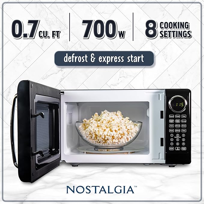 Nostalgia Retro Microwave Oven 0.7 Cu Ft, 700-Watt Countertop Size with Glass Turntable, Child Safety Lock, 8 Auto-Cook Programs, Digital Clock, Black