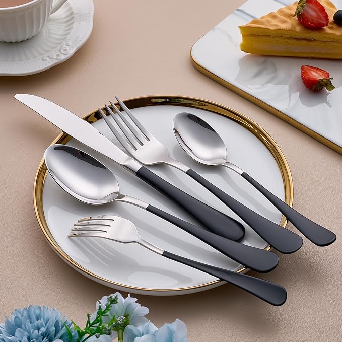 20-Piece Black Silverware Set for 4, 18/0 Stainless Steel Flatware Cutlery Utensils Set, Include Dinner Knives,Dinner Forks,Dinner Spoons,Salad Forks,Teaspoons, Elegant Gift，Dishwasher Safe