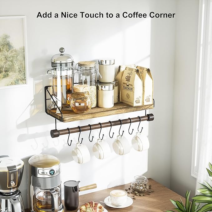 Alsonerbay Floating Shelves Wood Shelves for Wall, Rustic Wood Kitchen Shelf with Towel Bar and 8 Removable Hooks for Hanging Cooking Utensils or Mugs